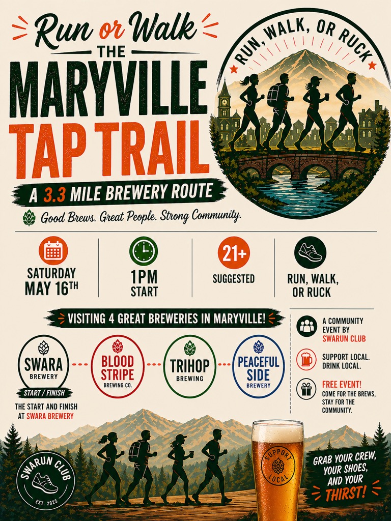 Run, walk, or ruck the Maryville Tap Trail on Saturday May 16th at 1PM. A 3.3 mile brewery route visiting Swara Brewery, Blood Stripe Brewing Co, Trihop Brewing, and Peaceful Side Brewery.